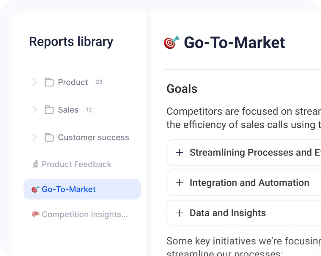 Demodesk Berichtsbibliothek mit einem Go-to-Market-Bericht zu Zielen und zentralen Initiativen