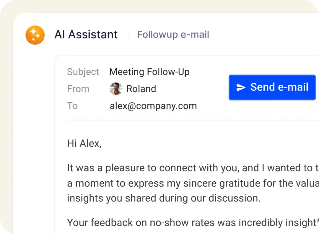 Demodesk AI Assistant mit versandfertigem Entwurf einer Nachfass-E-Mail