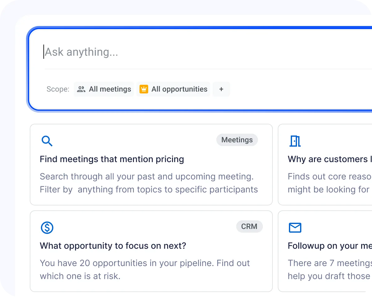 Ask AI Analyst input with meeting and opportunity scope selectors and suggested prompt cards