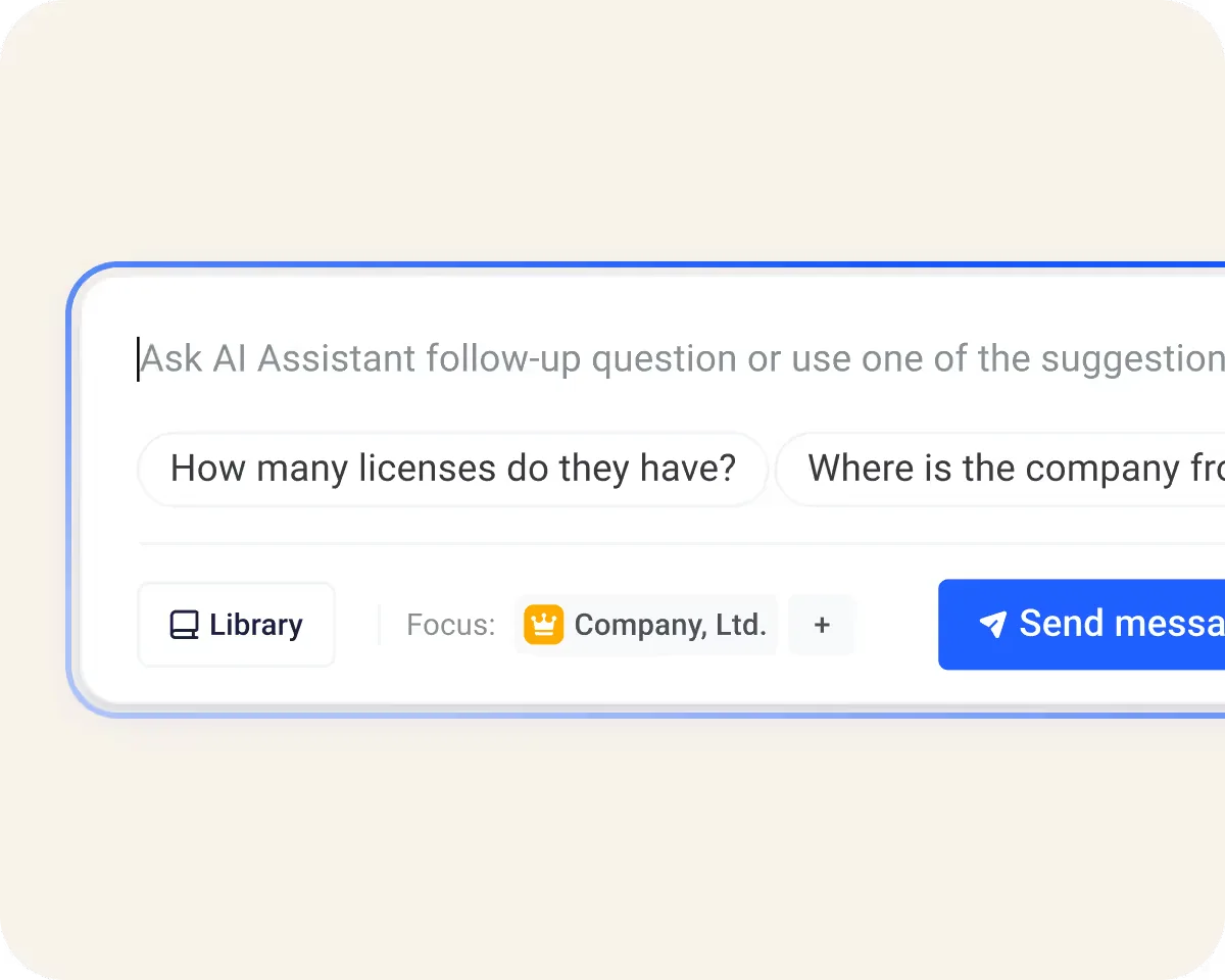 Ask AI Assistant chat input with suggested follow-up questions and a company selector