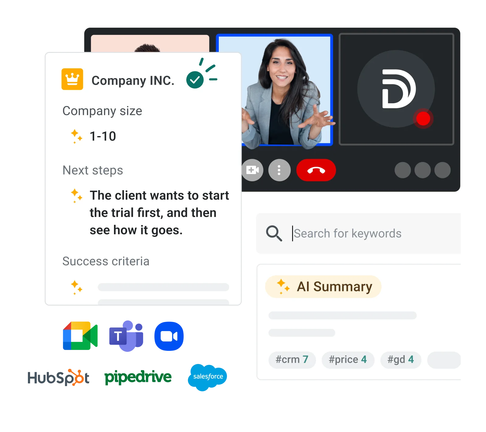 Demodesk AI Assistant erfasst Unternehmensdaten, nächste Schritte und eine KI-Zusammenfassung aus einem laufenden Videogespräch