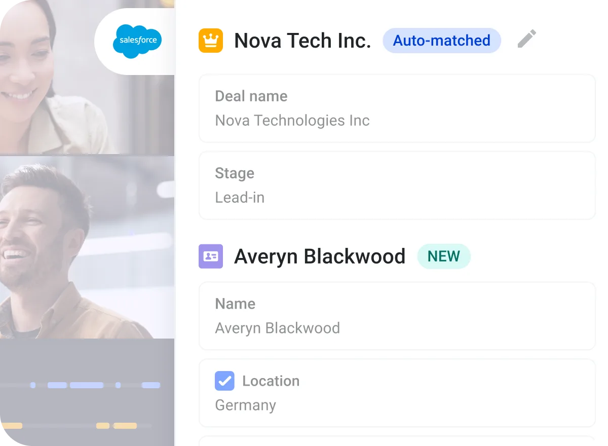 Call automatically matched to a CRM deal, with deal name and stage fields and a new contact record
