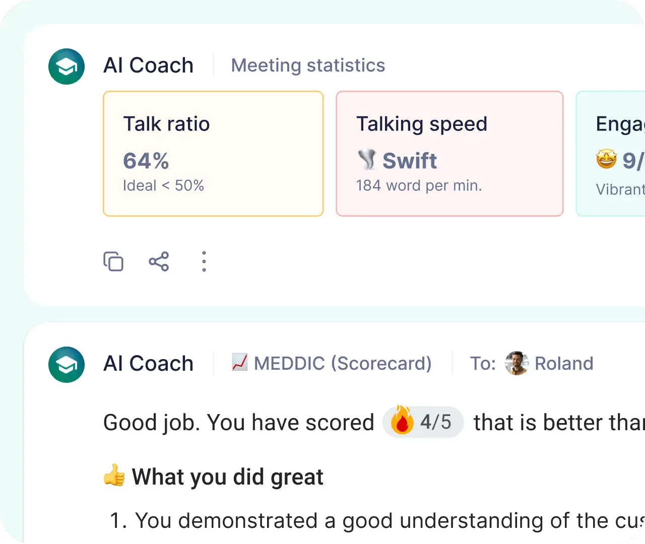 Close-up of talk ratio and talking speed stat cards above a SPICED summary and a tailored feedback callout