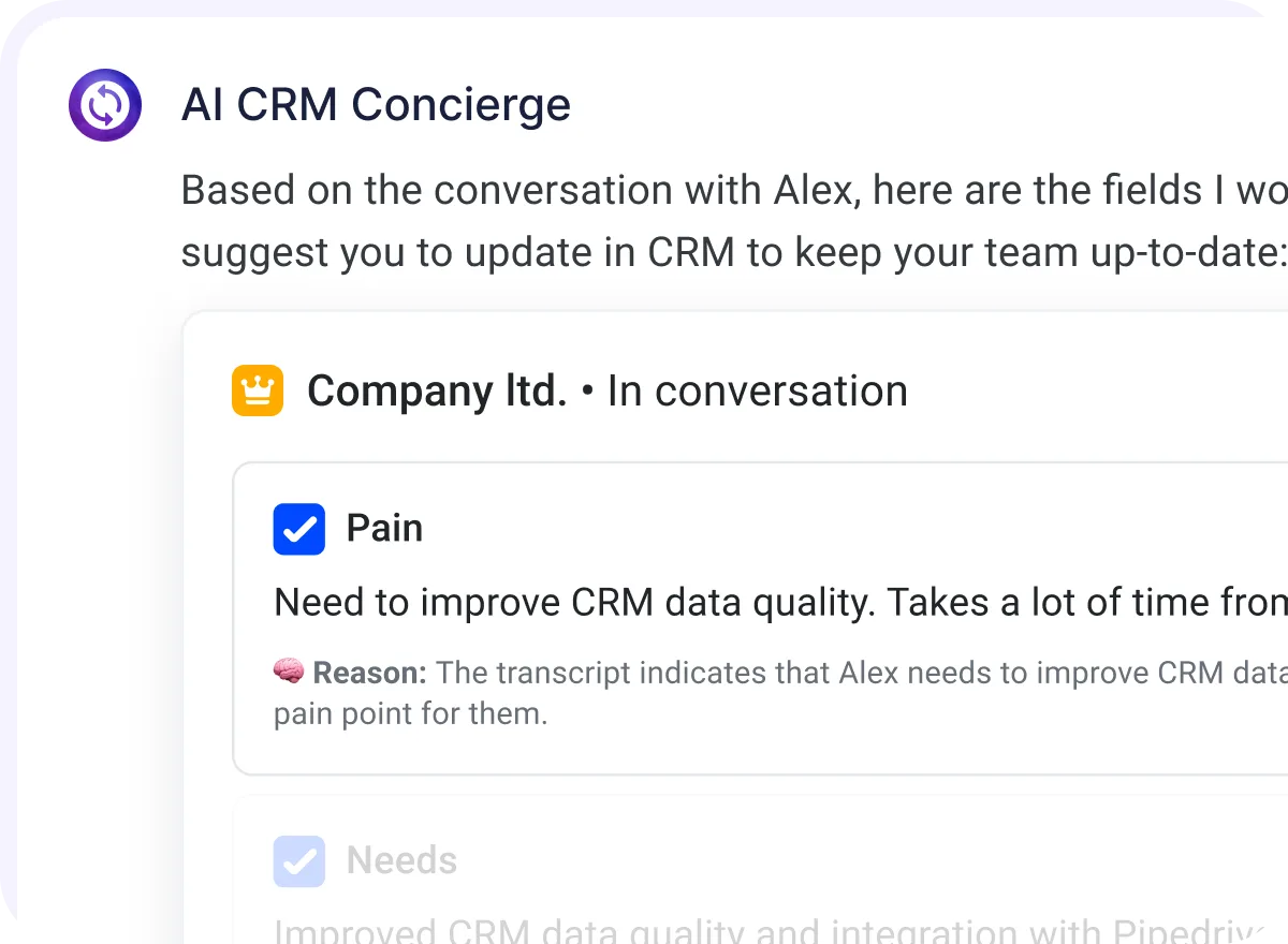 AI CRM Concierge chat suggesting field updates for a deal, with reasoning shown for each one