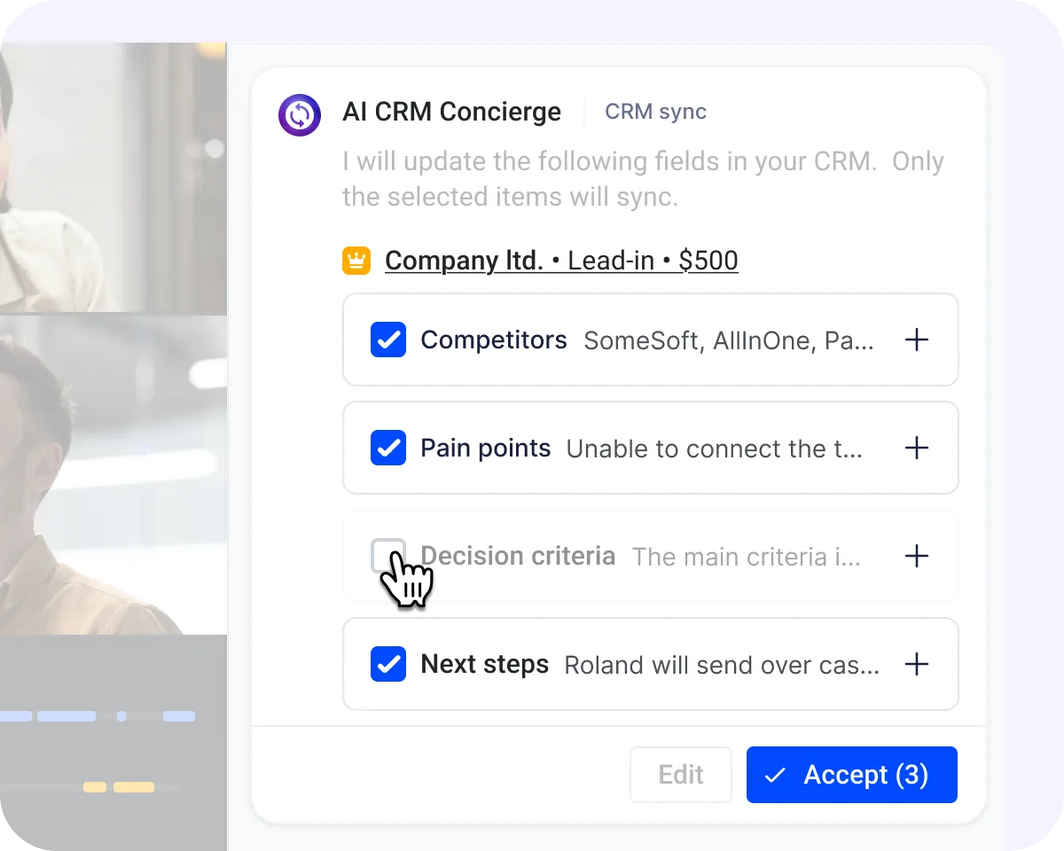 AI CRM Concierge CRM sync card with competitors, pain points, decision criteria, and next steps ready to accept