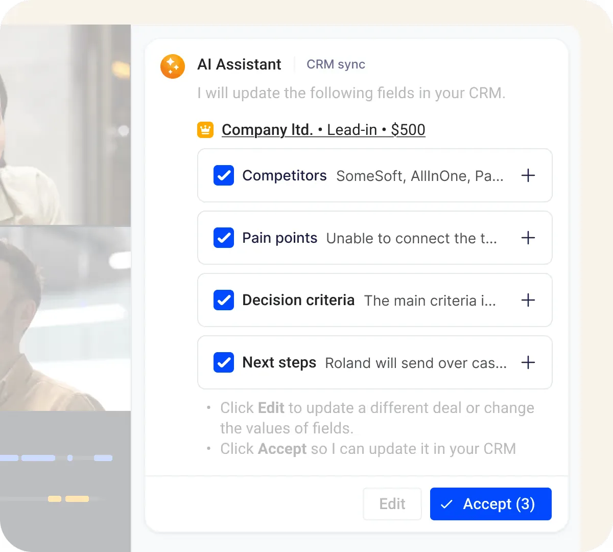 AI Assistant CRM sync card capturing competitors, pain points, decision criteria, and next steps during a live call