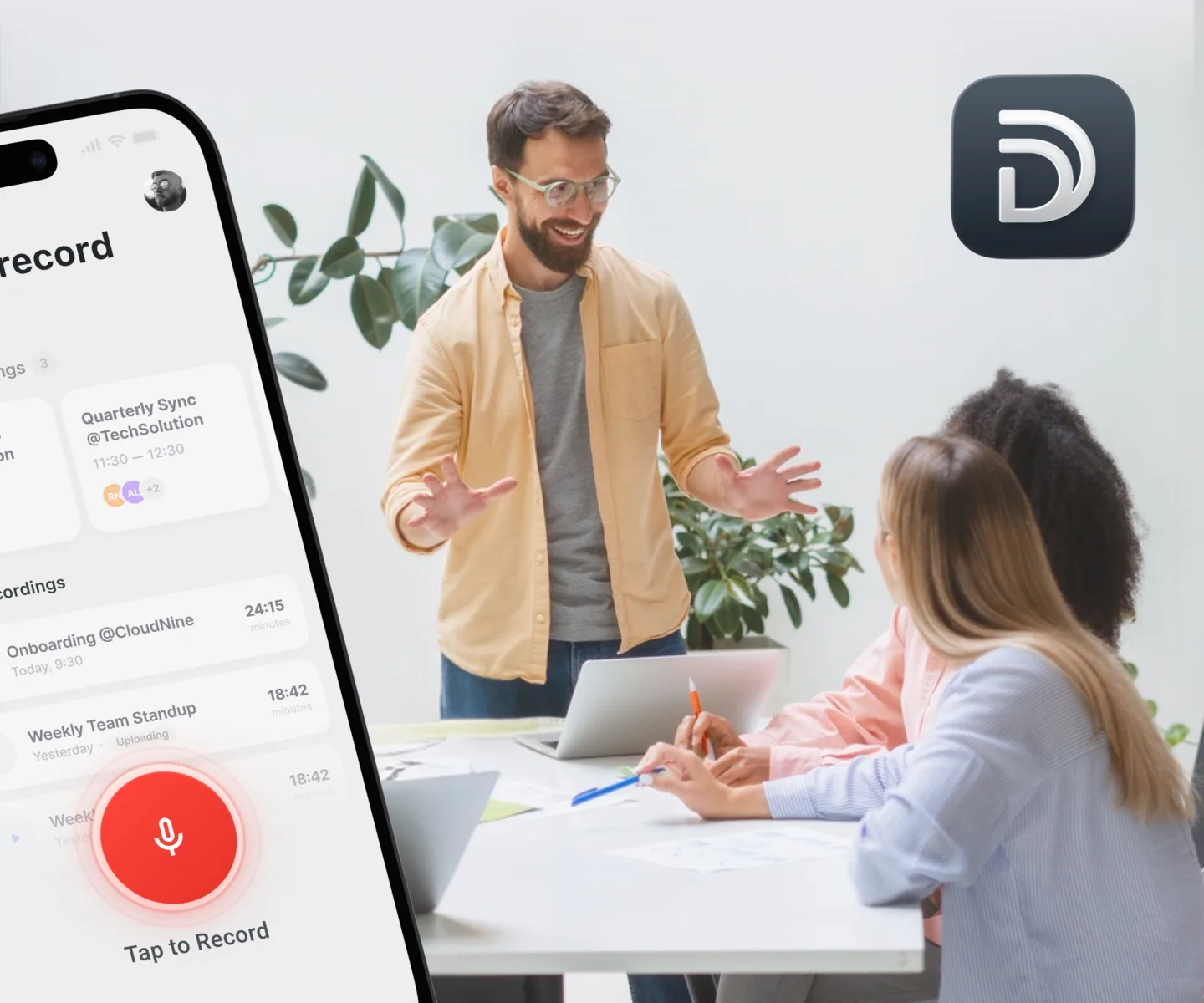 Demodesk Recorder mobile app recording an in-person meeting
