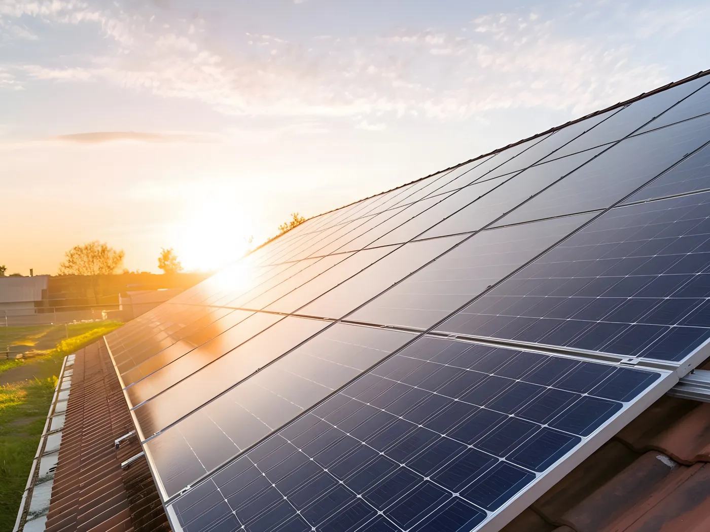 Solar panels on a residential roof at sunset