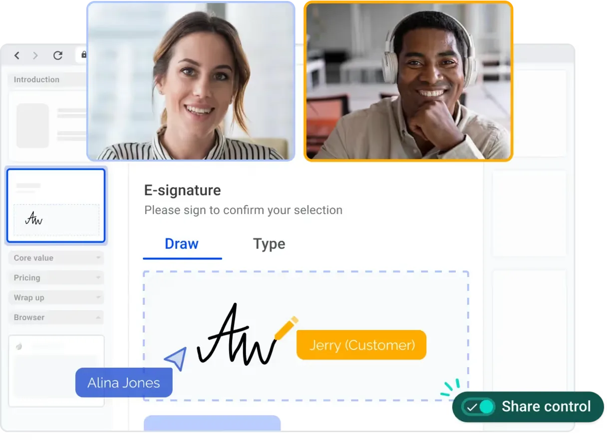 Interaktives E-Signatur-Panel in einem Live-Call, ein Kunde zeichnet seine Unterschrift, daneben ein Umschalter für die Freigabesteuerung