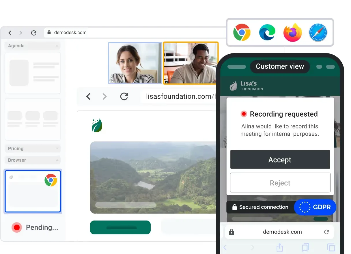Browserbasierter Meeting-Beitritt in Chrome, Edge, Firefox und Safari, daneben ein mobiler Aufnahme-Einwilligungsbildschirm mit gesicherter Verbindung und DSGVO-Badge
