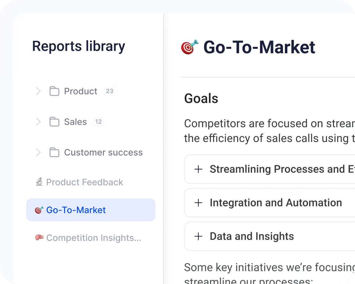 AI Analyst Go-To-Market report open in the reports library, showing goals and initiative bullets