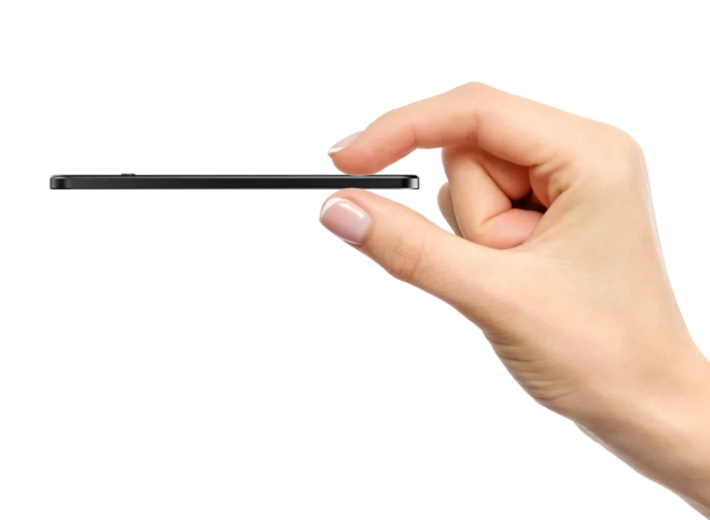 Der schlanke Demodesk Recorder zwischen zwei Fingern