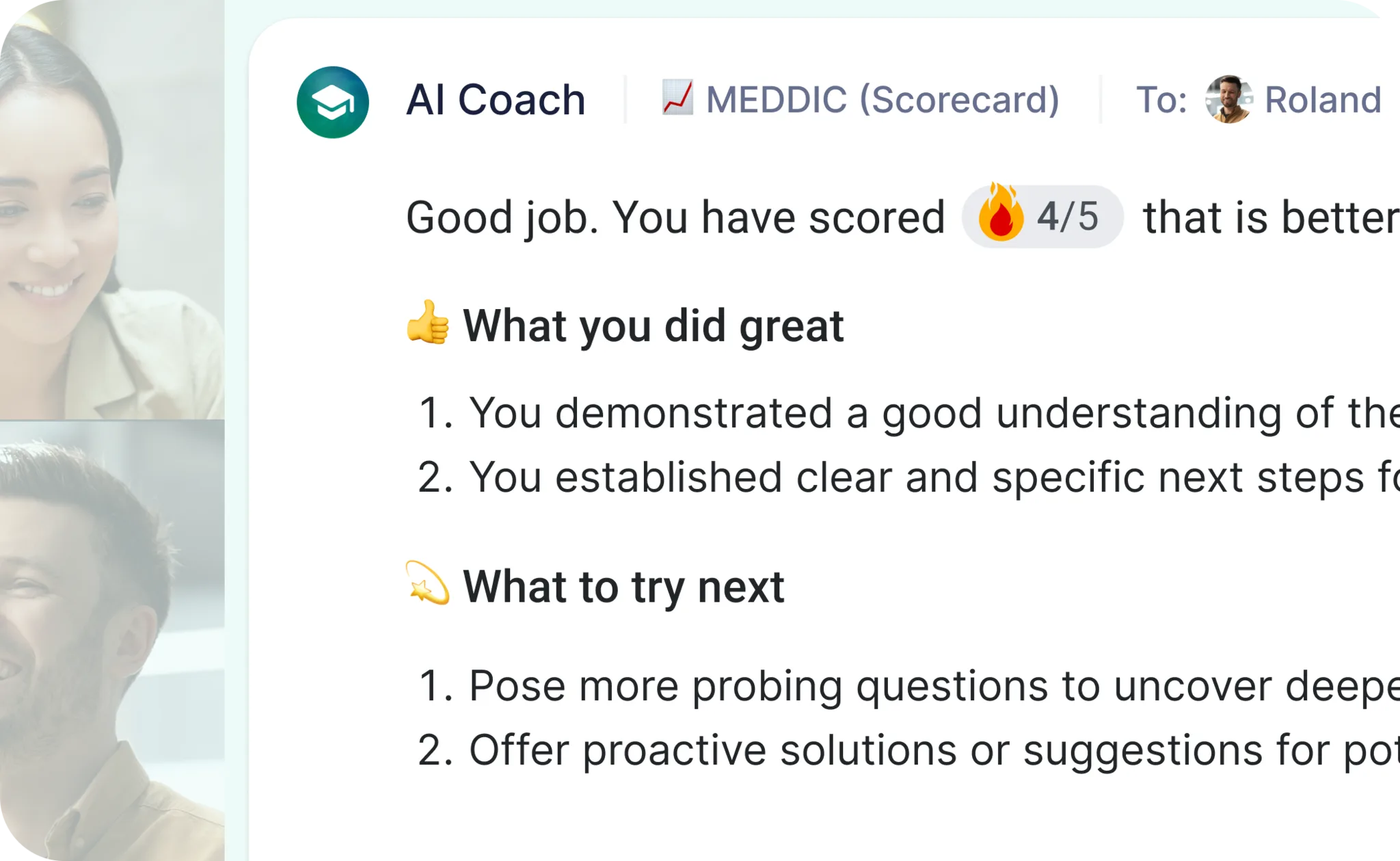 Demodesk AI Coach scorecard feedback with a MEDDIC score and what-you-did-great highlights