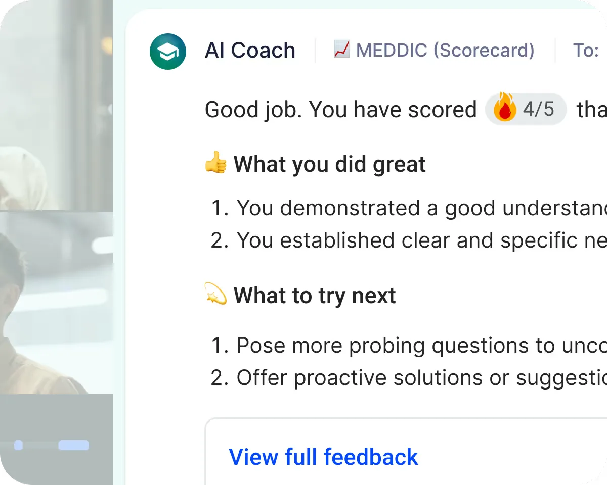 AI Coach meeting statistics card showing talk ratio, talking speed, and engagement, with a MEDDIC scorecard below it