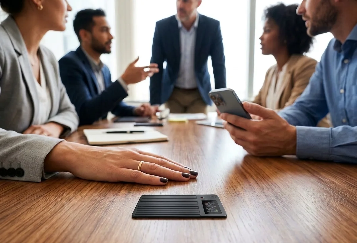 A team talking around a meeting table, with the recorder lying on the table in front of them