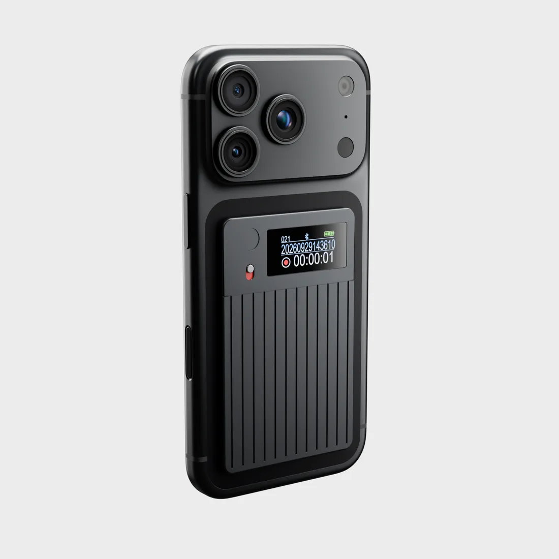 The Demodesk Recorder attached to the back of a phone