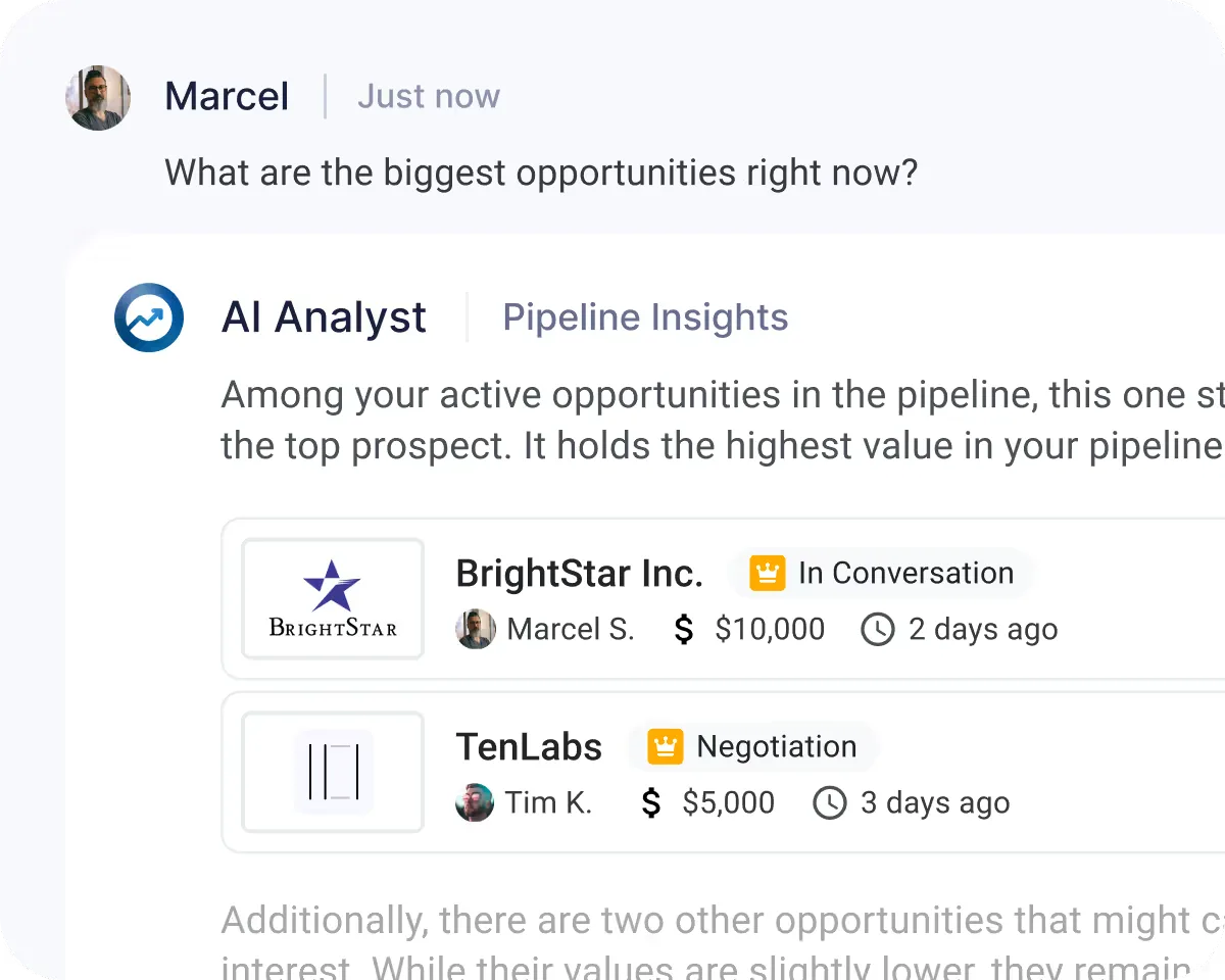 AI Analyst Pipeline Insights chat answering which opportunities are biggest right now, with ranked opportunity cards