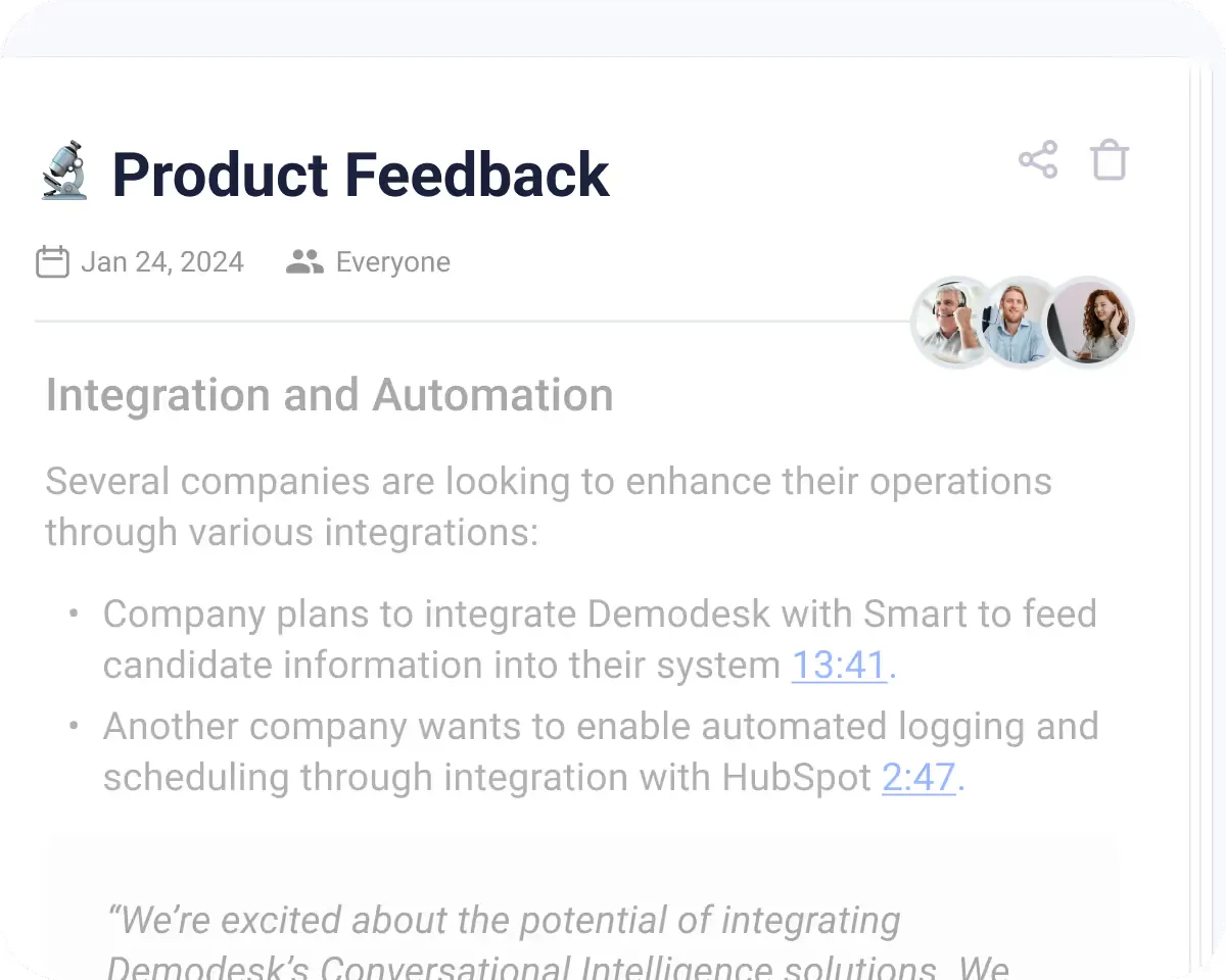 AI Analyst Product Feedback report detail with linked timestamps and a pulled customer quote