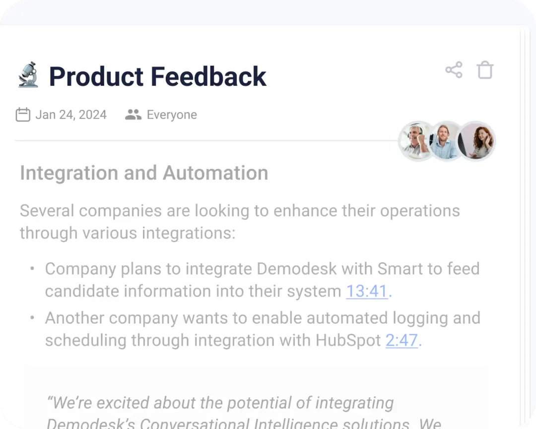 Demodesk product feedback report surfaced from customer calls