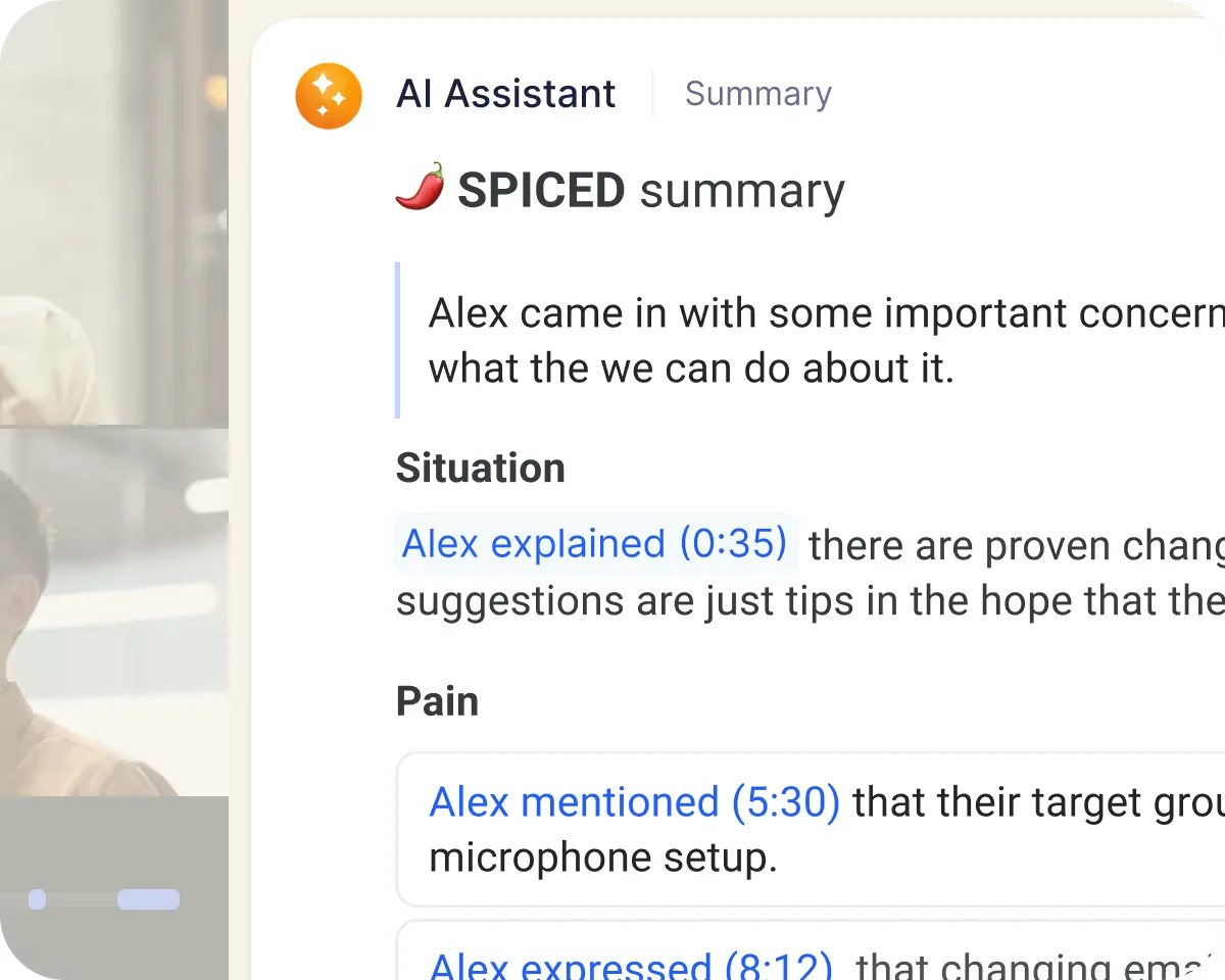 AI Assistant call summary structured with the SPICED framework, with timestamped citations
