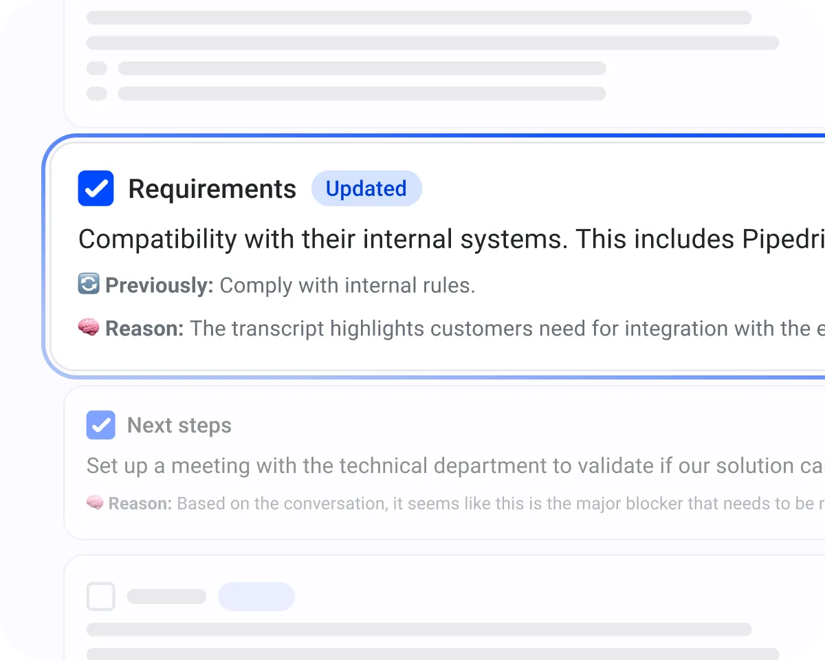 Updated CRM requirements field showing the previous value, the reason for the change, and next steps