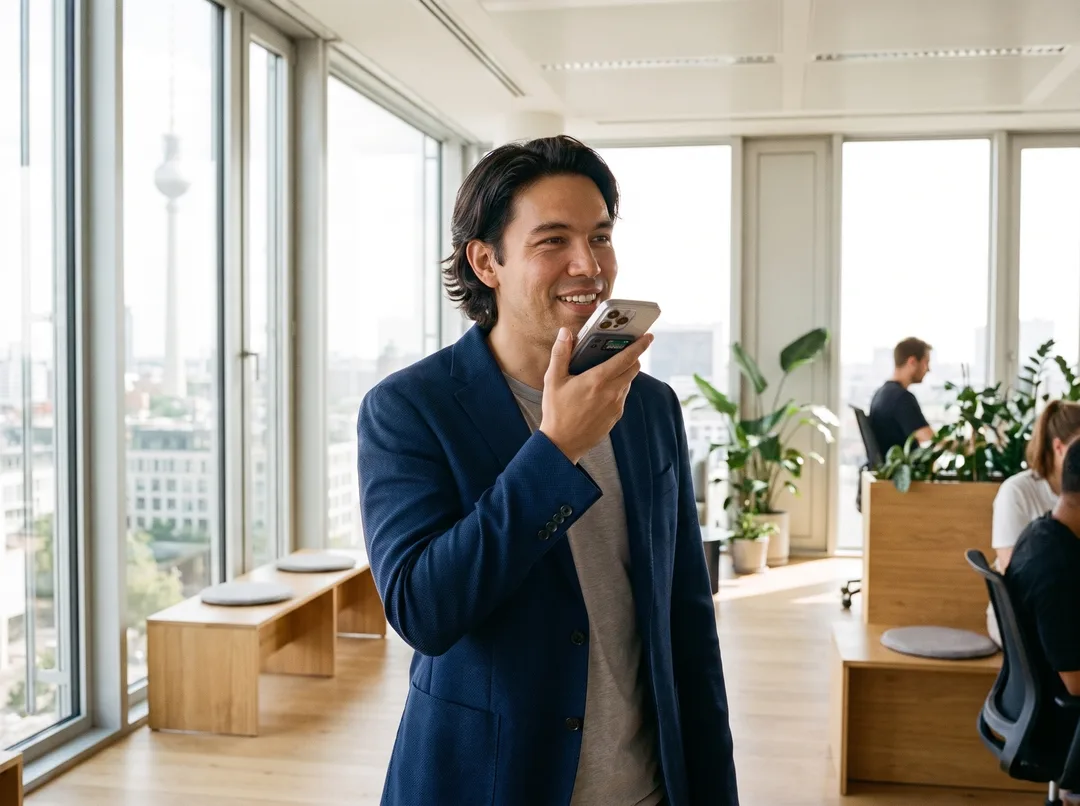 Eine Person aus dem Vertrieb spricht im Büro eine Sprachnotiz in ihr Telefon
