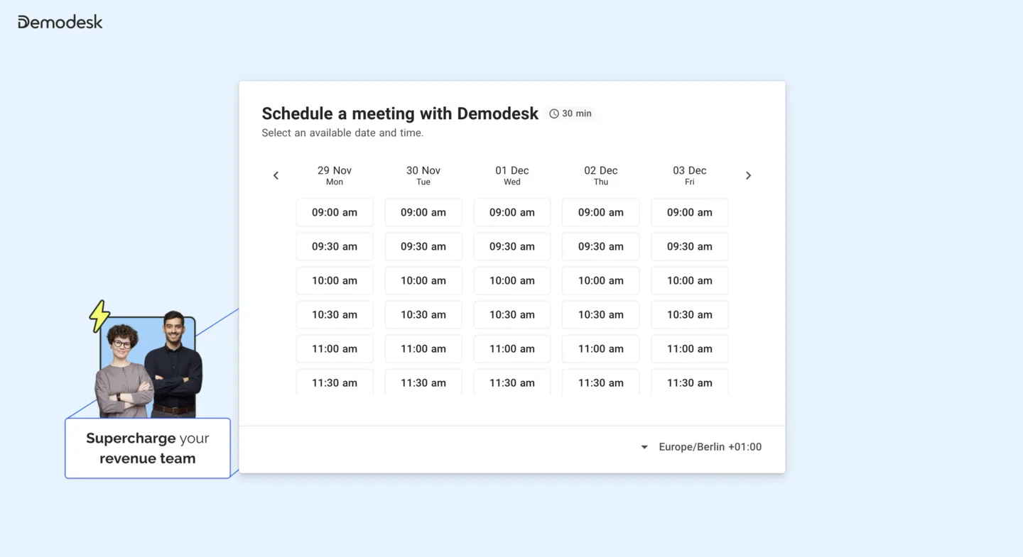 Embedded Demodesk booking page widget showing available time slots for scheduling a meeting