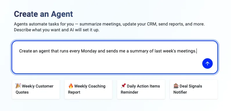 Create an Agent prompt filled with an example request to summarize last week's meetings every Monday
