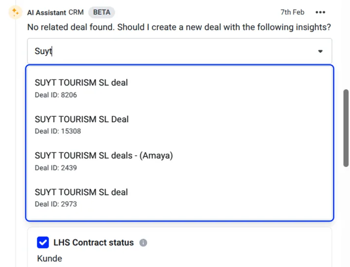 AI CRM Concierge chat showing matching deal search results after no related deal was found