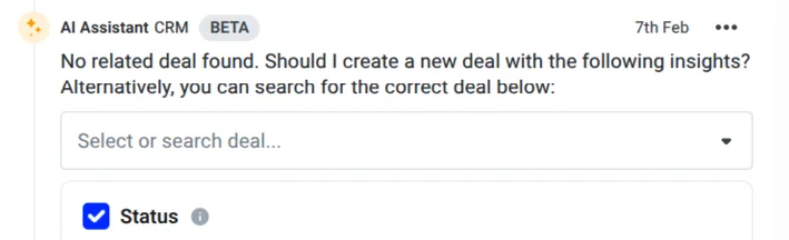 AI CRM Concierge deal selector with a required Status field pre-selected
