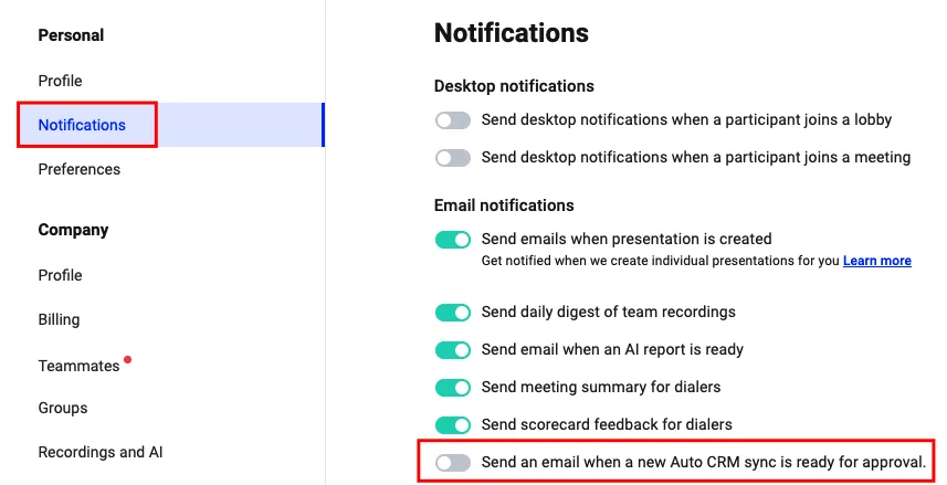 Benachrichtigungseinstellungen mit hervorgehobenem Schalter für Auto-CRM-Sync-Genehmigungsmails