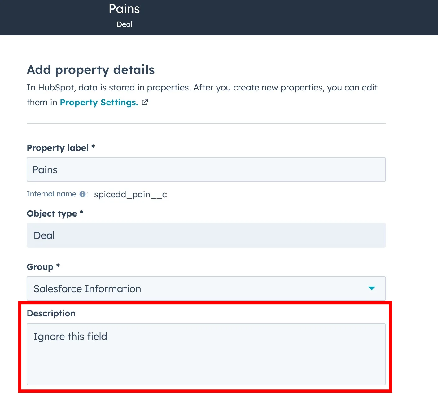 HubSpot-Feldeinstellungen mit hervorgehobenem Beschreibungsfeld Ignore this field