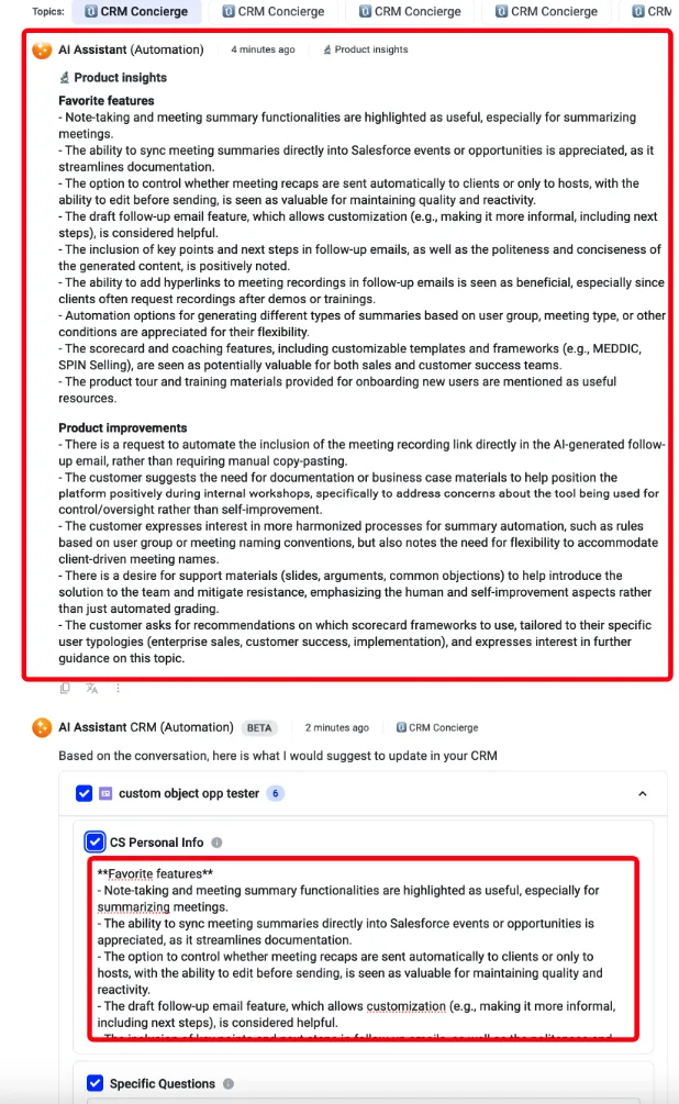 AI CRM Concierge schlägt vor, die Meeting-Zusammenfassung in das Feld CS Personal Info zu übernehmen