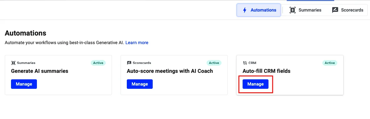 Automatisierungen-Seite mit hervorgehobener Schaltfläche Verwalten bei Auto-fill CRM fields