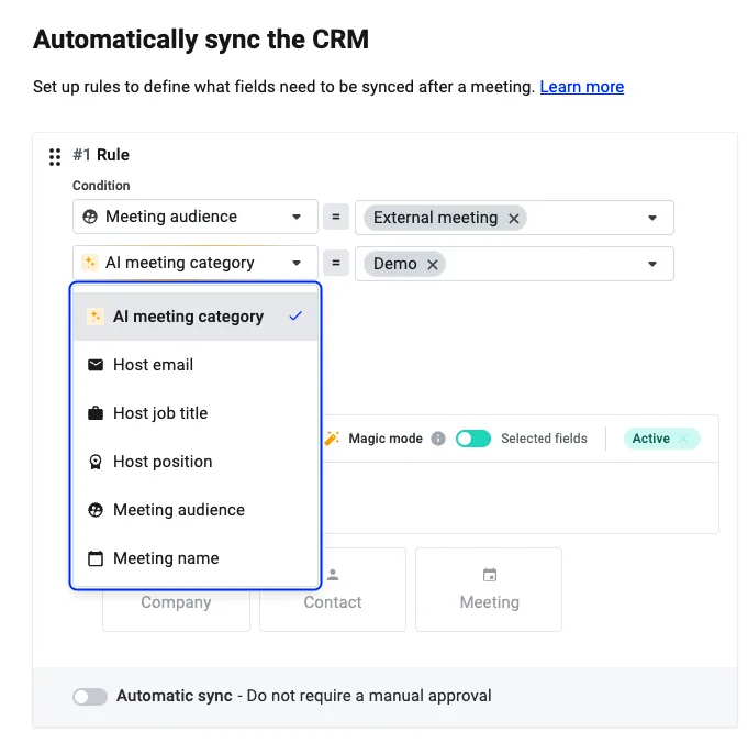 Dropdown für Regelbedingungen mit Feldern wie AI Meeting-Kategorie und Host-E-Mail