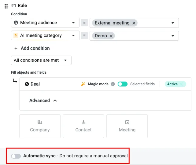 Automatisierungsregel mit hervorgehobenem, deaktiviertem Schalter Automatic sync