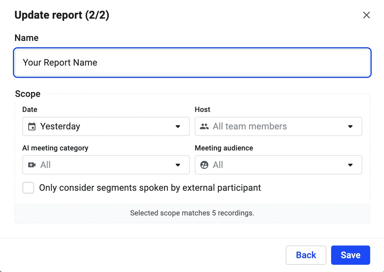 Report scope settings with name, date range, host, meeting category, and audience filters