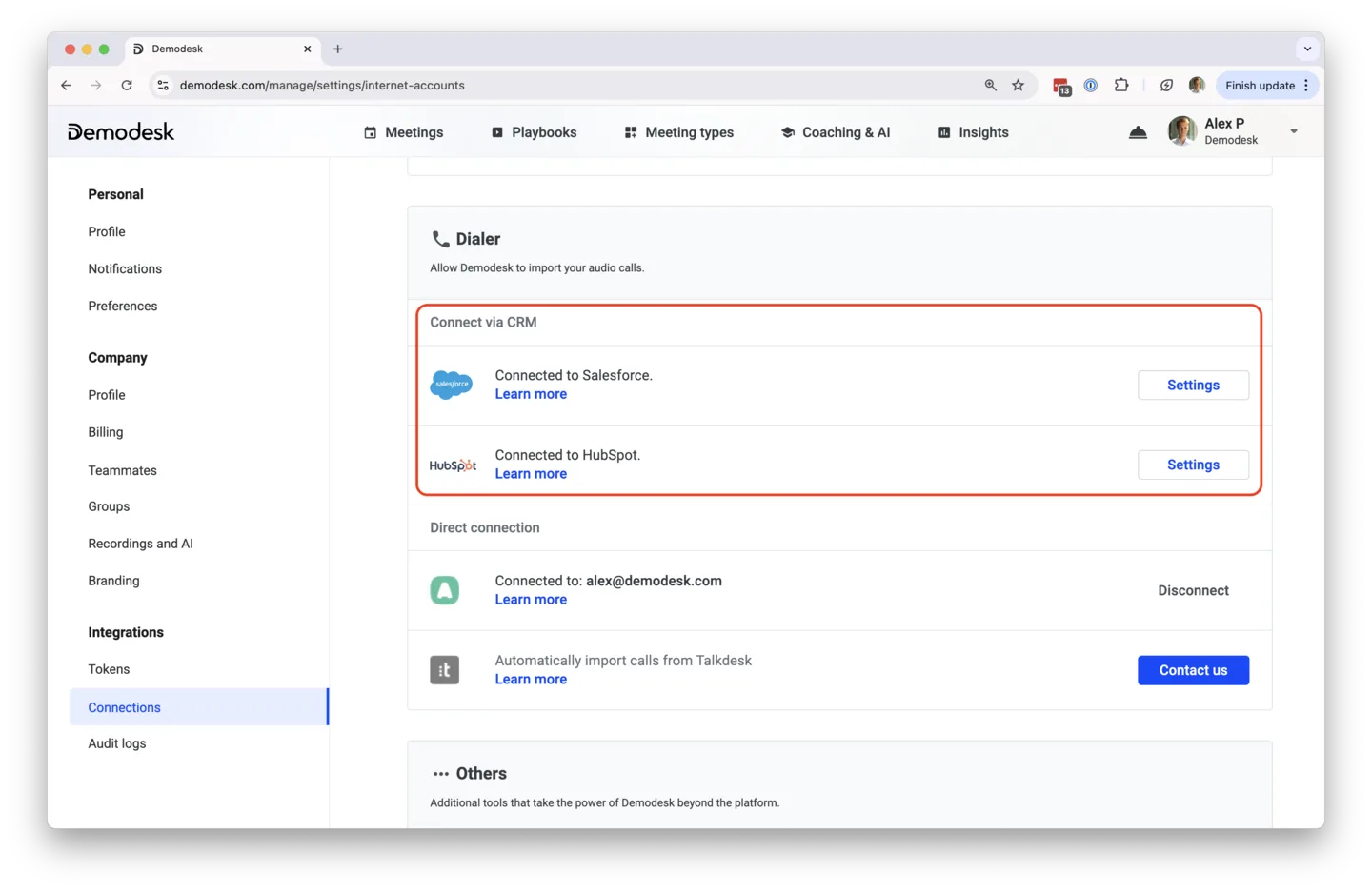 Connections page with the Connect via CRM section highlighted, showing Aircall alongside Salesforce and HubSpot