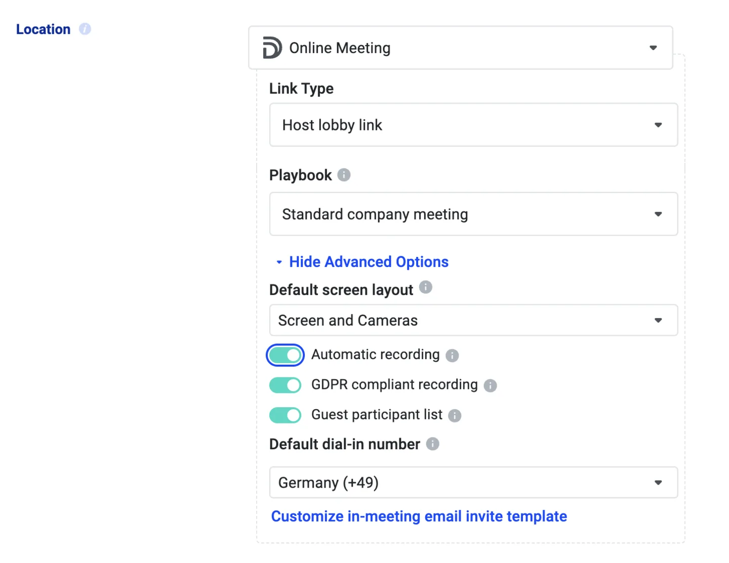 Meeting type location settings with Automatic recording and GDPR compliant recording toggles enabled