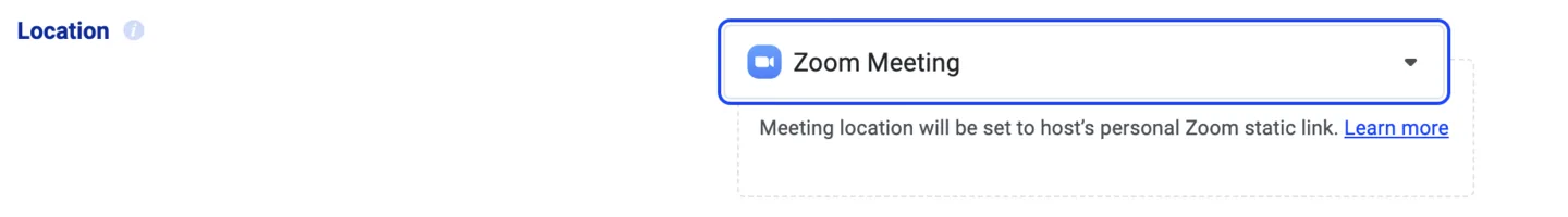 Location field set to Zoom Meeting, using the host's personal Zoom static link