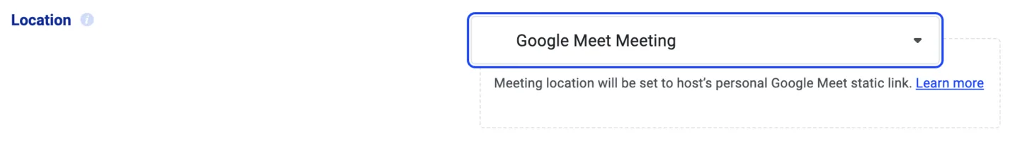 Location field set to Google Meet Meeting, using the host's personal Google Meet link