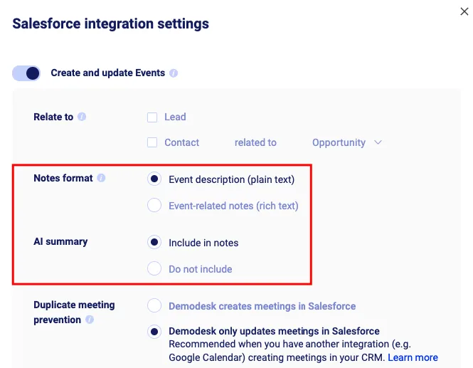 Salesforce-Integrationseinstellungen mit hervorgehobenen Optionen Notizenformat und KI-Zusammenfassung