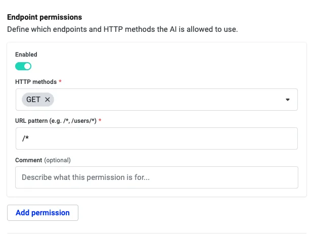 Endpoint permission form with HTTP method GET, URL pattern and an Add permission button