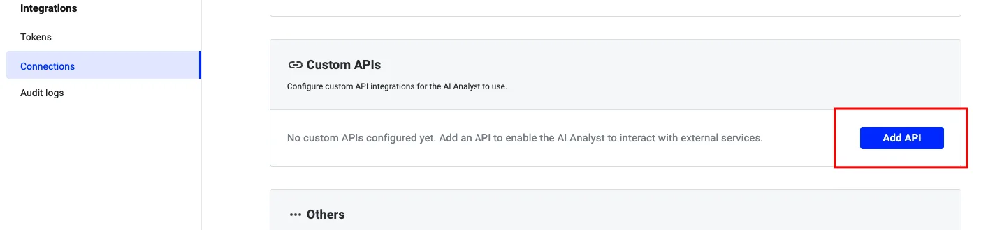 Bereich Verbindungen mit der Kachel „Benutzerdefinierte APIs“ und der markierten Schaltfläche „API hinzufügen“