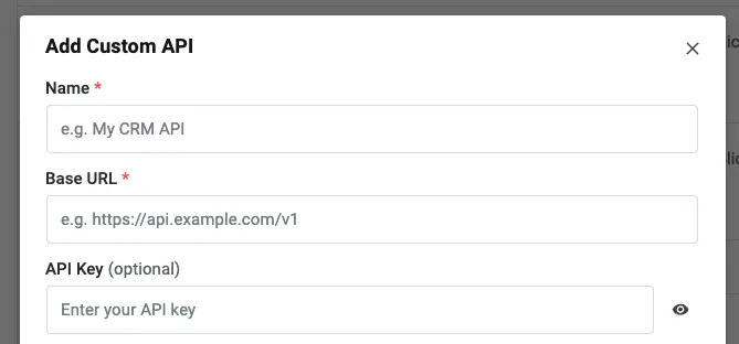 Dialog „Benutzerdefinierte API hinzufügen“ mit den leeren Feldern Name, Basis-URL und API-Schlüssel