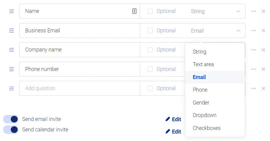 Buchungsfragen-Liste mit geöffnetem Feldtyp-Dropdown, in dem Email ausgewählt ist