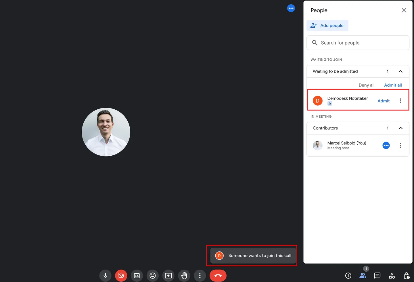 Google Meet participants panel with the Demodesk Notetaker waiting to join and Admit highlighted