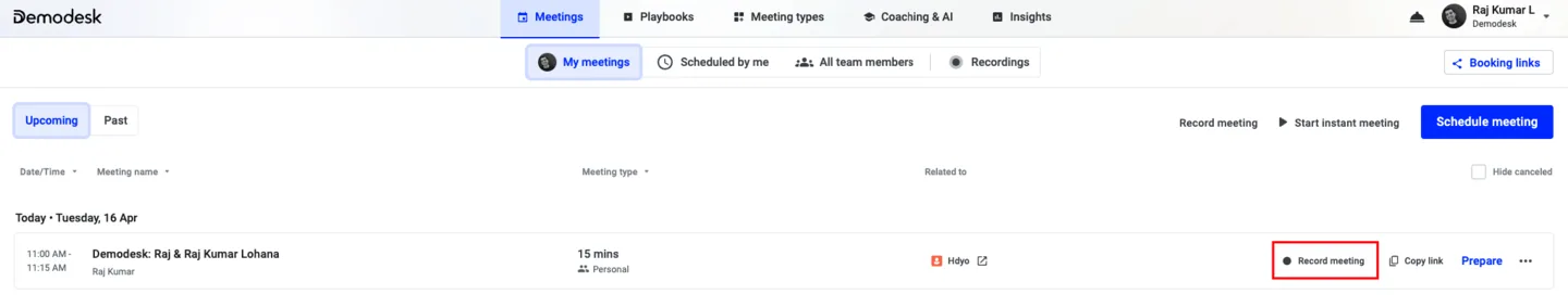 Meetings list with the Record meeting toggle highlighted for one upcoming meeting
