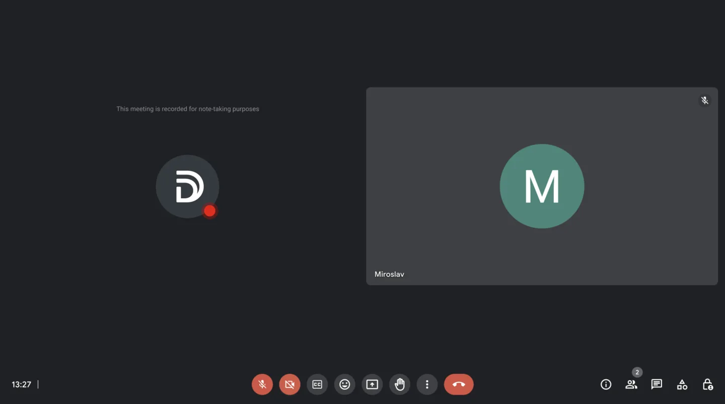 Demodesk-Notetaker-Kachel im Google-Meet-Anruf mit rotem Aufnahme-Punkt und Hinweistext