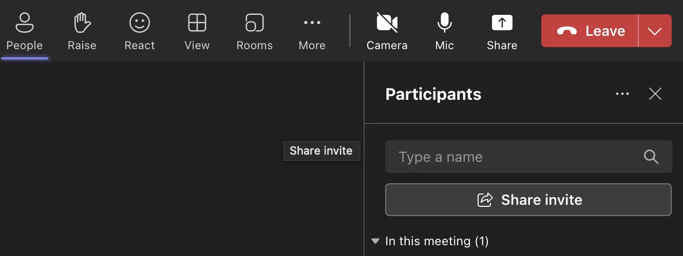 Microsoft Teams: Teilnehmerbereich mit hervorgehobener Schaltfläche „Share invite“